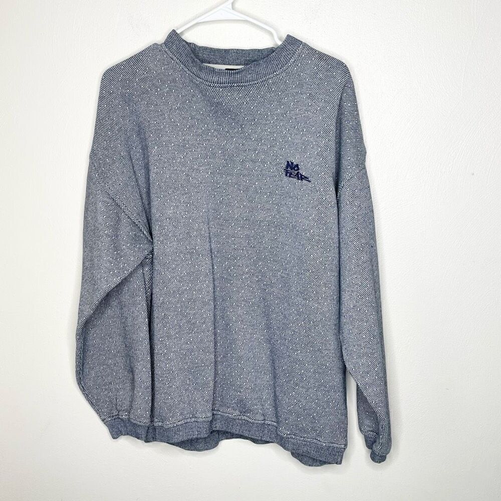 No Fear Vintage Textured Navy Blue and White Crew Neck Sweater - Measurements Li
